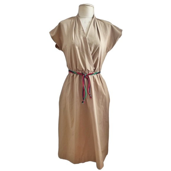Edesta Originals Dresses & Skirts - 🚫SOLD🚫 Vintage 1970s Khaki Utility Midi Dress with rainbow belt and pockets